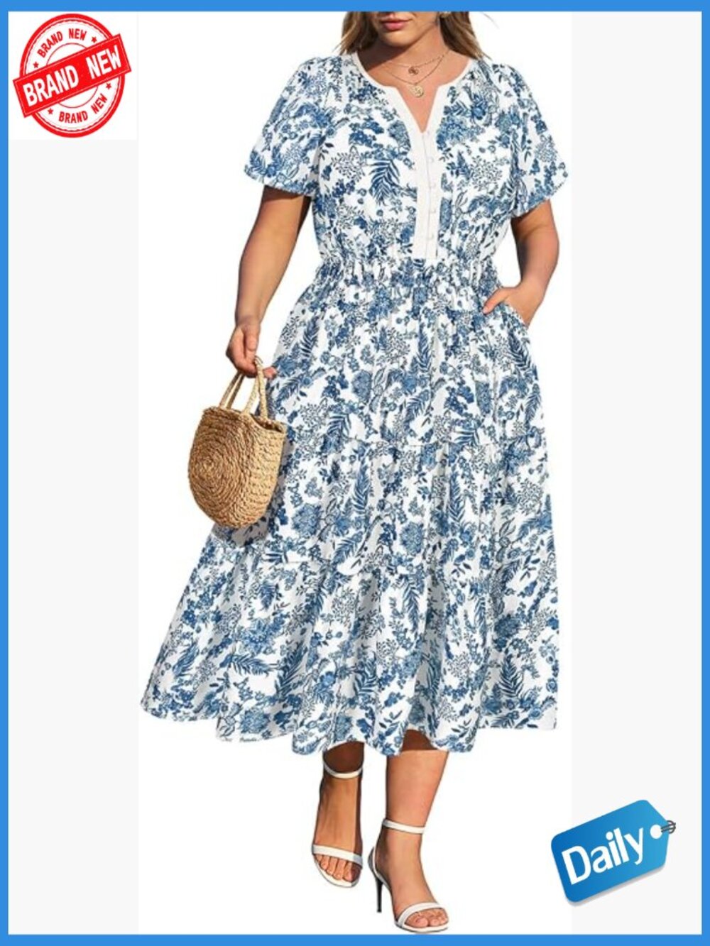 Plus Size V-Neck Short Sleeve Floral Tiered Ruffle Maxi Dress with Pockets